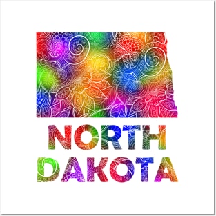 Colorful mandala art map of North Dakota with text in multicolor pattern Posters and Art